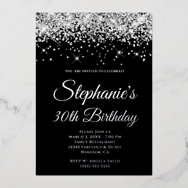 Invitación Con Relieve Metalizado Faux Sparkly Silver Purpurina Negro 30 cumpleaños (Anverso)