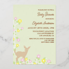 Invitación Con Relieve Metalizado Fawn Floral Girl Baby Shower