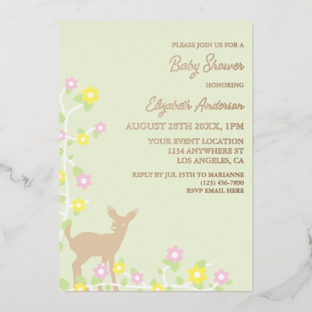 Invitación Con Relieve Metalizado Fawn Floral Girl Baby Shower (Anverso)