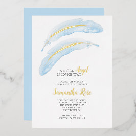 Invitación Con Relieve Metalizado Feather azul acuarela de Baby Shower Boy