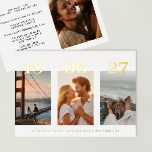 Invitación Con Relieve Metalizado Fecha moderna de oro cuatro Foto Guardar la fecha