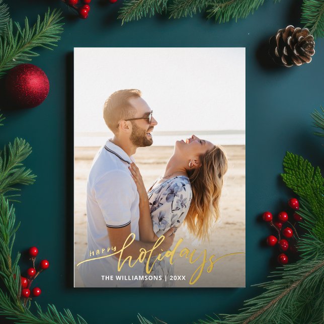 Invitación Con Relieve Metalizado Felices Fiestas Caligrafía Script 2 Fotos Gold (Subido por el creador)