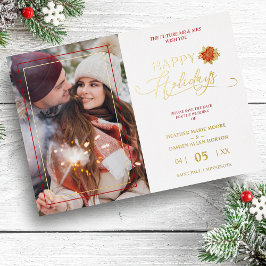 Invitación Con Relieve Metalizado Felices fiestas Poinsettias Wreath Photo Boda