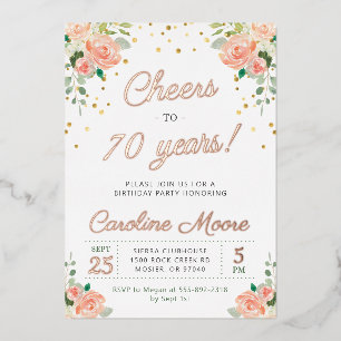 Invitación Con Relieve Metalizado Felicidades por los 70 años Señoras Rosa Dorado