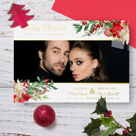Invitación Con Relieve Metalizado Feliciz Navidad Poinsettias Guirnalda Foto Boda
