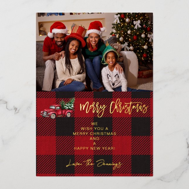 Invitación Con Relieve Metalizado Feliz Camión de Navidad y cheque de búfalo H (Anverso)