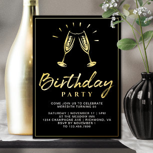 Invitación Con Relieve Metalizado Feliz cumpleaños Champagne Diversión Glam Negro y