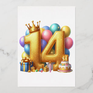 Invitación Con Relieve Metalizado Feliz cumpleaños dorado 14