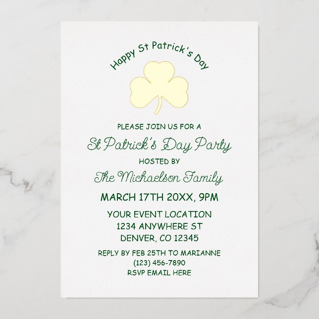 Invitación Con Relieve Metalizado Feliz Día de San Patricio (Anverso)