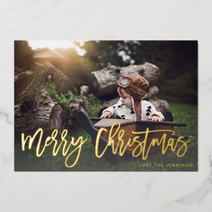 Invitación Con Relieve Metalizado Feliz Navidad Guión Brillo Dorado Foto Desvanecer