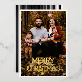 Invitación Con Relieve Metalizado Feliz Navidad Hoja de Oro Franja Negra y Blanca