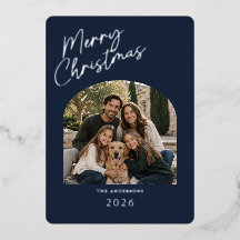 Feliz Navidad Moderno Azul y Hoja de Plata