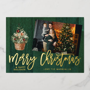 Invitación Con Relieve Metalizado Feliz Navidad rústica dorada y verde 4 fotos múlti