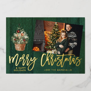Invitación Con Relieve Metalizado Feliz Navidad Rústico Dorado y Verde Una Foto