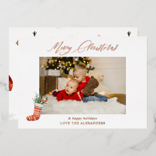 Invitación Con Relieve Metalizado Feliz Navidad y foto de calcetín