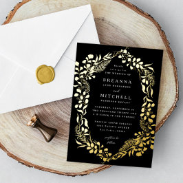 Invitación Con Relieve Metalizado Fern Eucalyptus Boda de Black Gold