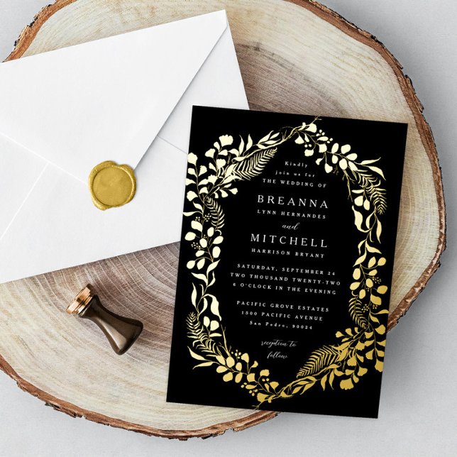 Invitación Con Relieve Metalizado Fern Eucalyptus Boda de Black Gold (Subido por el creador)