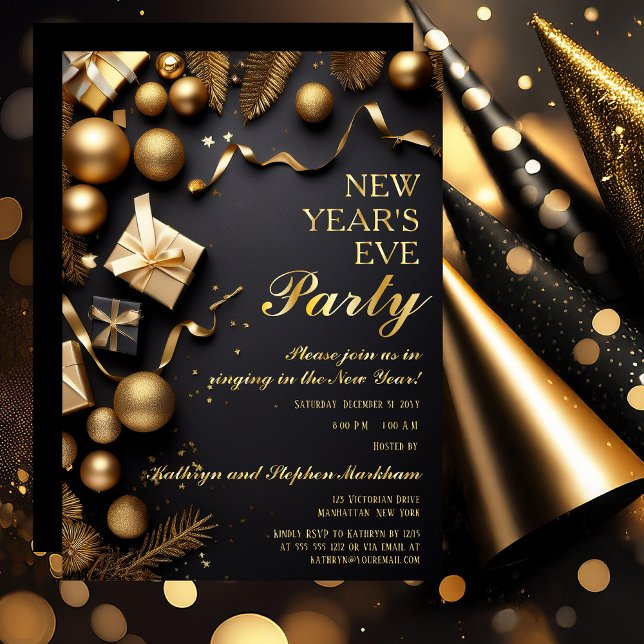 Invitación Con Relieve Metalizado Festive Baubles Black Gold New Years Eve Party (Festive Baubles Black and Gold Tone with Real Gold Foil Text New Year's Eve Party Invitation)