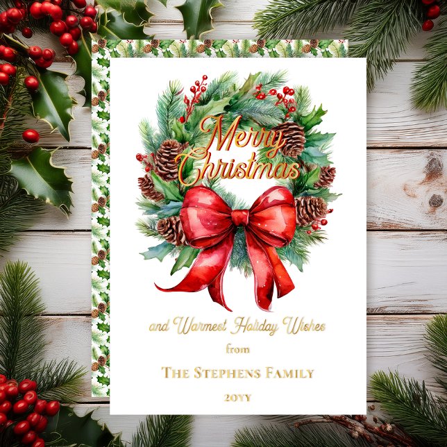 Invitación Con Relieve Metalizado Festive Holiday Wreath Merry Christmas Non-Photo (Festive Holiday Wreath "Merry Christmas" Non-Photo Gold Foil Greeting Card)