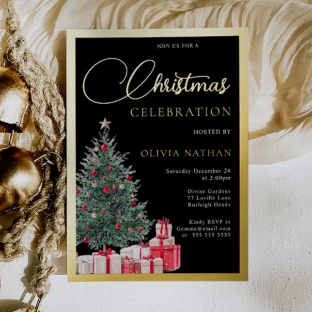 Invitación Con Relieve Metalizado Festive Tree Black Office Christmas Party Gold (Subido por el creador)