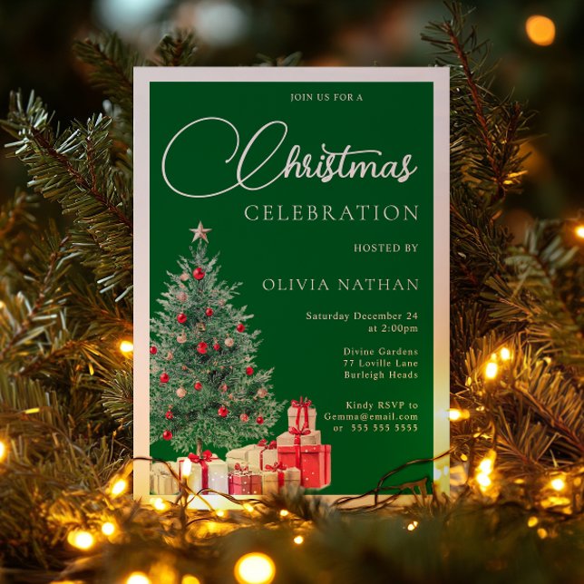 Invitación Con Relieve Metalizado Festive Tree Christmas Party Green & Silver (Subido por el creador)