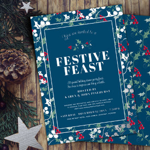 Invitación Con Relieve Metalizado Festividad Cena de Navidades de bayas azules