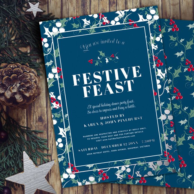 Invitación Con Relieve Metalizado Festividad Cena de Navidades de bayas azules (Subido por el creador)