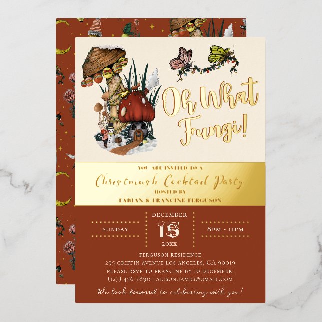 Invitación Con Relieve Metalizado Festividad de feriado de Navidades de hongos de co (Anverso/Reverso)