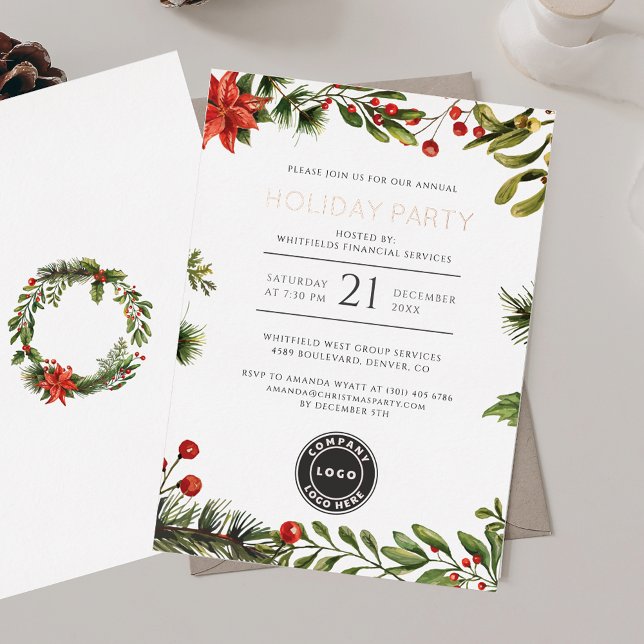 Invitación Con Relieve Metalizado Festividad de Navidades de negocios Fiesta Rosa de (Christmas Open House Red Berries Mistletoe Party Rose Gold Foil Invitation)