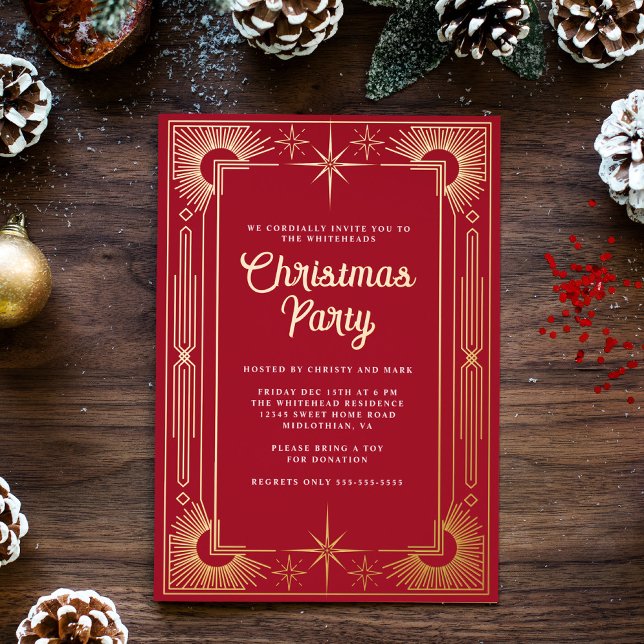 Invitación Con Relieve Metalizado Festividad de Navidades de Star Art Deco (Art Deco Christmas Party invitation with celestial flare with starts on top and bottom in gold foil.)