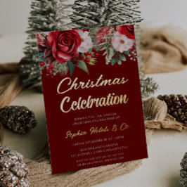 Invitación Con Relieve Metalizado Festividad de Navidades florales rojas celebración