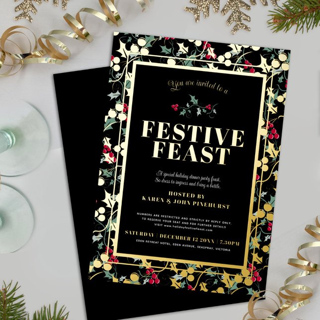 Invitación Con Relieve Metalizado Festividad Fiesta Navidades de bayas de oro negro (Subido por el creador)