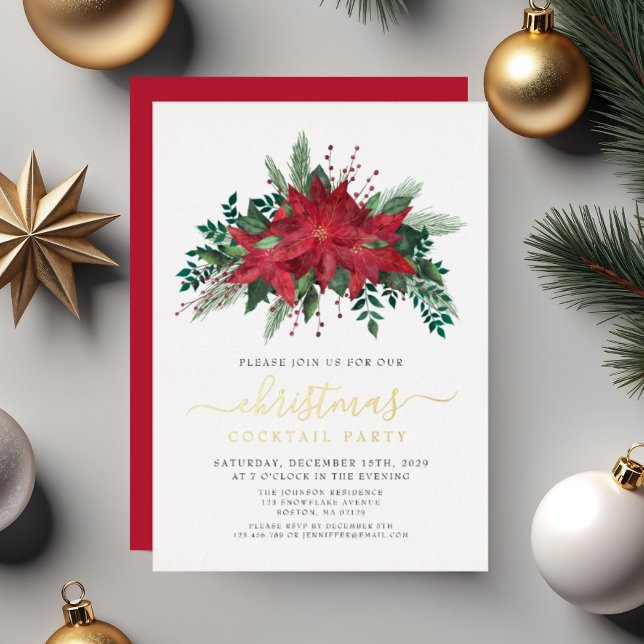 Invitación Con Relieve Metalizado Festividad Navidades de la Poinsettia Roja Fiesta  (Festive Red Poinsettia Christmas Cocktail Party Foil Invitation)