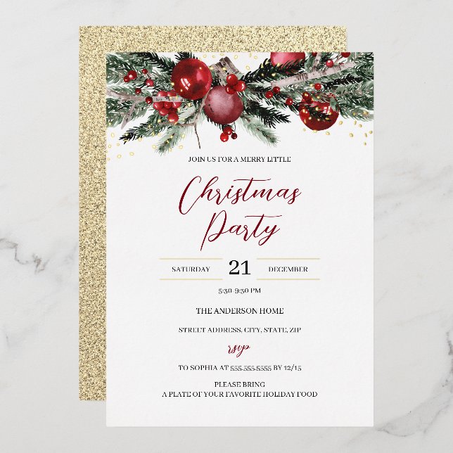 Invitación Con Relieve Metalizado Festividad Navidades Fiesta Foliage Gold Red (Anverso/Reverso)