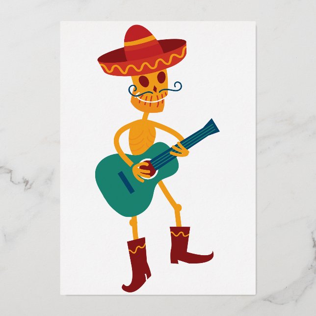 Invitación Con Relieve Metalizado Festividad Skeleton Guitar Player (Anverso)