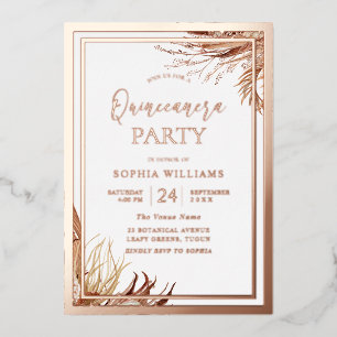 Invitación Con Relieve Metalizado Fiesta Bohemiana Boho Quinceañera de Oro Rosa con