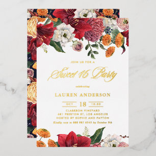Invitación Con Relieve Metalizado Fiesta Botánica de Amaryllis y Mums Floral Sweet 1