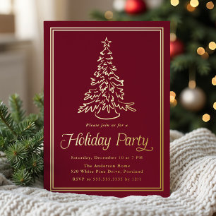 Invitación Con Relieve Metalizado Fiesta Clásica de Navidad con Árbol de Cranberry