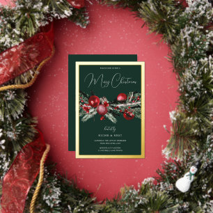 Invitación Con Relieve Metalizado Fiesta Clásica de Navidad Verde con Borde Dorado