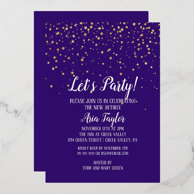 Invitación Con Relieve Metalizado Fiesta Confetti de oro|Oro de retiro púrpura (Anverso/Reverso)