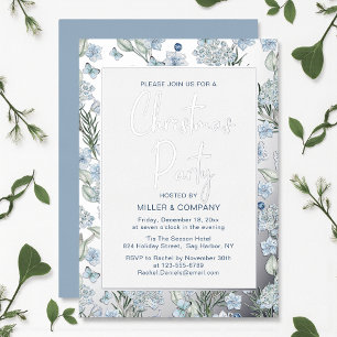 Invitación Con Relieve Metalizado Fiesta Corporativa de Navidad Floral Mariposa Azul