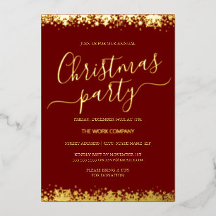 Invitación Con Relieve Metalizado Fiesta Corporativa de Navidad Hoja de Nieve Dorada