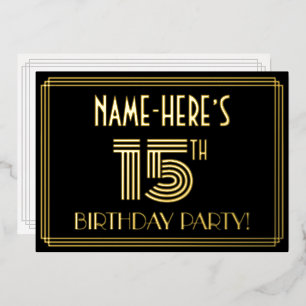 Invitación Con Relieve Metalizado Fiesta de 15 cumpleaños — Estilo Art Deco “15” + N