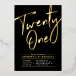 Invitación Con Relieve Metalizado Fiesta de 21 años negro con veintiún letras<br><div class="desc">Celebre su día especial con esta elegante invitación al Relieve metalizado de 21 años de fiesta. Este diseño presenta un texto de Relieve metalizado de oro de moda "Veintiuno" en un fondo negro. Puedes elegir el color real del sello de Relieve metalizado (oro, plata, oro Rosa). Hay más diseños y...</div>