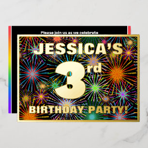 Invitación Con Relieve Metalizado Fiesta de 3er Cumpleaños — Luces de fuegos artific
