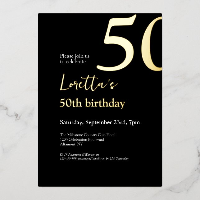 Invitación Con Relieve Metalizado Fiesta de 50 Años Elegante de Oro Negro (Anverso)