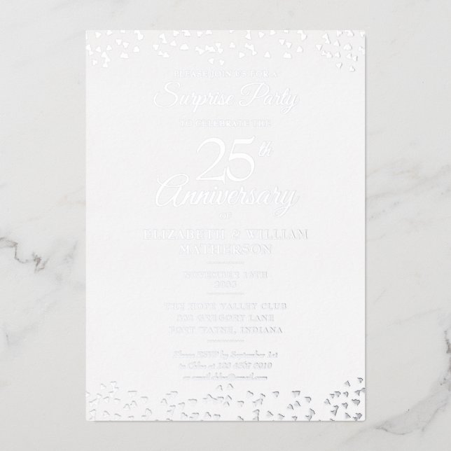 Invitación Con Relieve Metalizado Fiesta de aniversario de bodas de plata sorpresa 2 (Anverso)