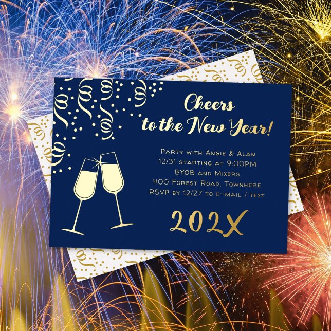 Invitación Con Relieve Metalizado Fiesta de Año Nuevo Clink Confetti Gold (Subido por el creador)