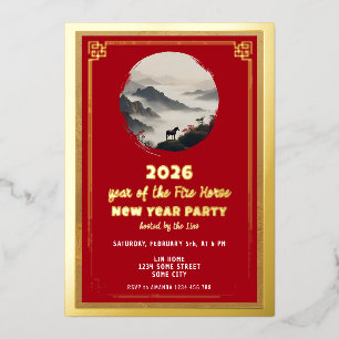 Invitación Con Relieve Metalizado Fiesta de Año Nuevo del Caballo 2026 Año Nuevo Chi