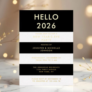 Invitación Con Relieve Metalizado Fiesta de Año Nuevo elegante en negro y dorado